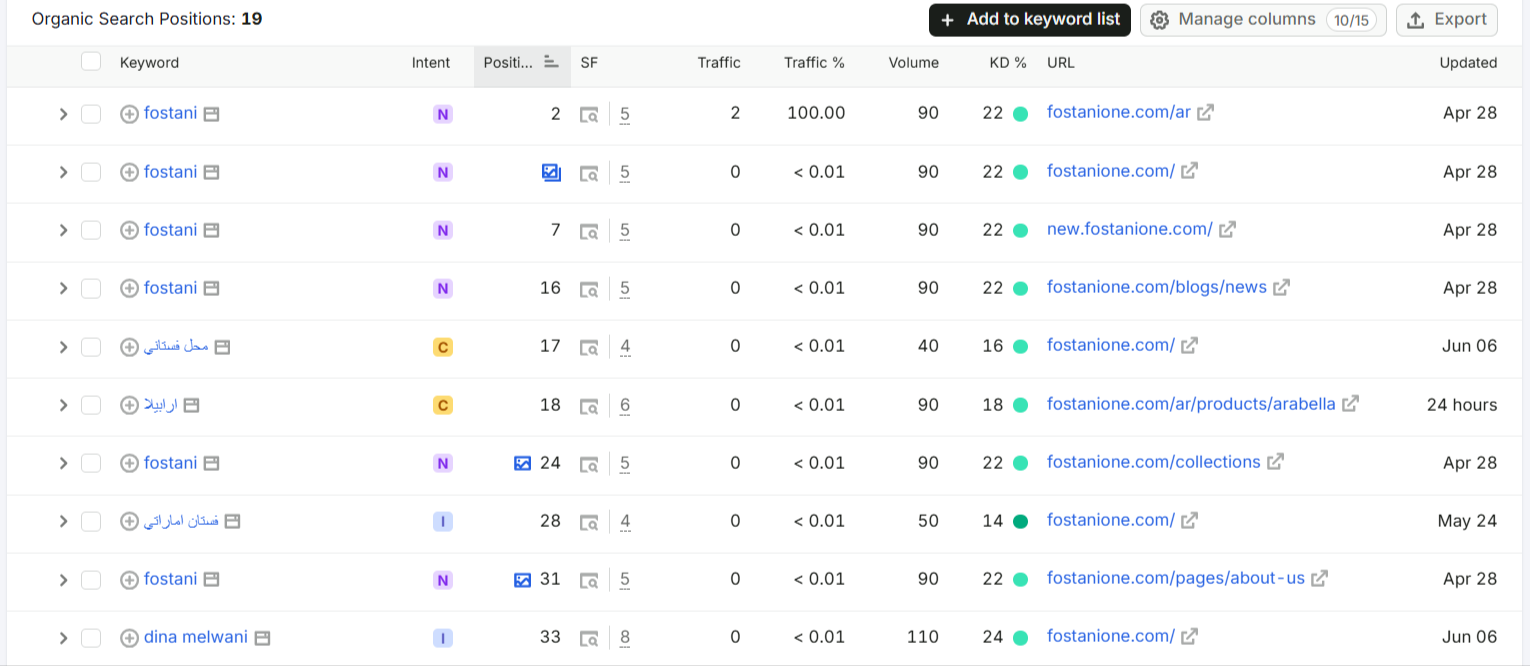 Fostani One ranked keywords including top branded terms across 19 positions.